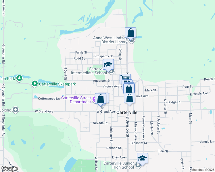map of restaurants, bars, coffee shops, grocery stores, and more near 199 North Locust Street in Carterville