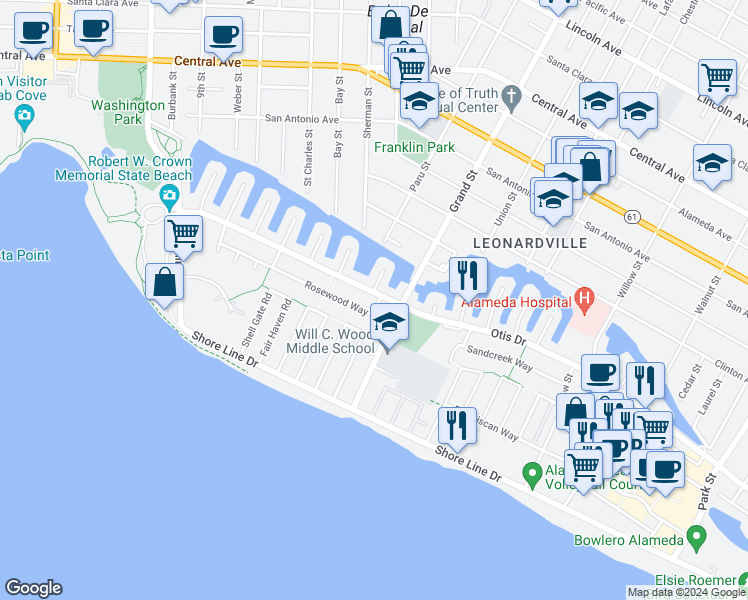 map of restaurants, bars, coffee shops, grocery stores, and more near 1246 Otis Drive in Alameda