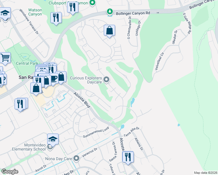 map of restaurants, bars, coffee shops, grocery stores, and more near 82 Rainbow Bridge Place in San Ramon