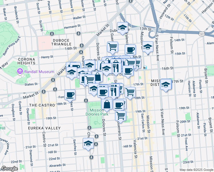 map of restaurants, bars, coffee shops, grocery stores, and more near 3564 17th Street in San Francisco