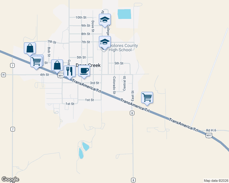 map of restaurants, bars, coffee shops, grocery stores, and more near 200 Colorado Street in Dove Creek