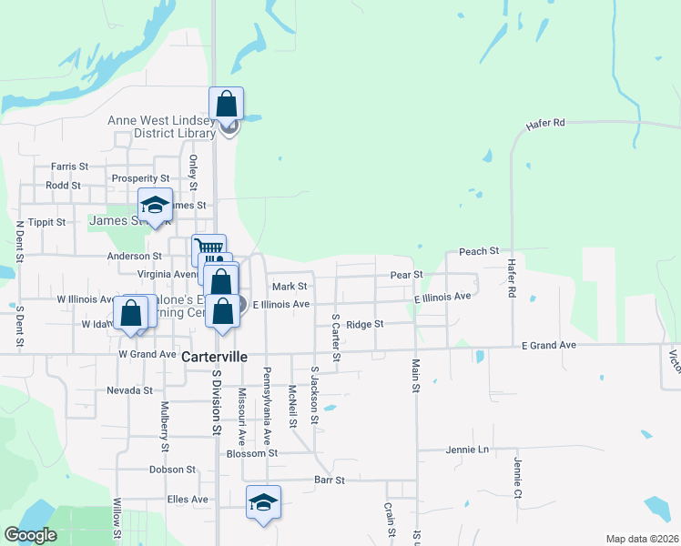 map of restaurants, bars, coffee shops, grocery stores, and more near 604 Pear Street in Carterville