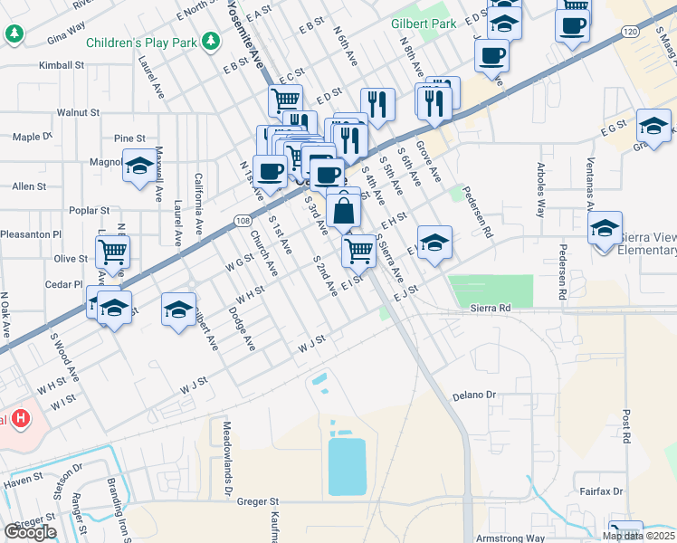 map of restaurants, bars, coffee shops, grocery stores, and more near 205 East I Street in Oakdale