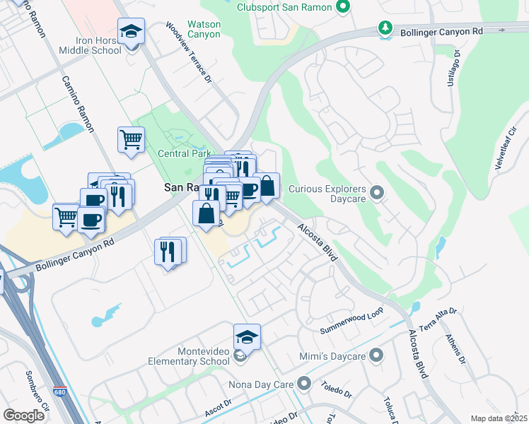 map of restaurants, bars, coffee shops, grocery stores, and more near 120 Reflections Drive in San Ramon