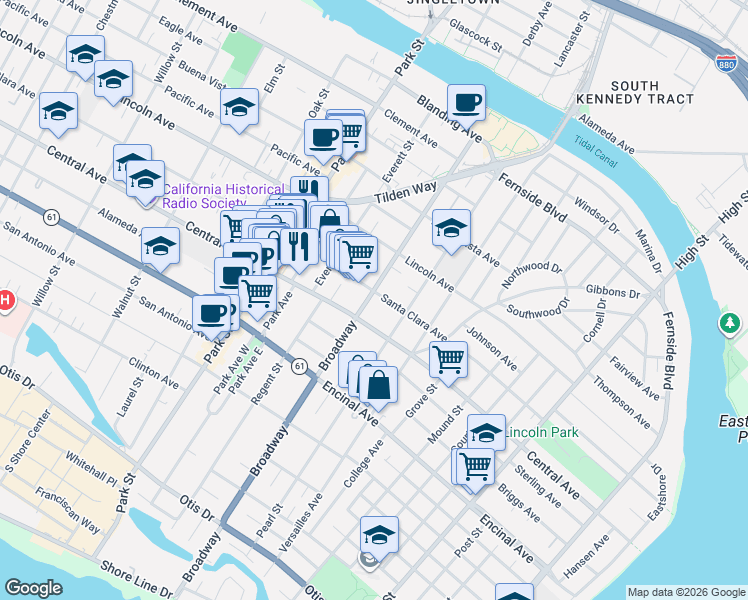 map of restaurants, bars, coffee shops, grocery stores, and more near 2617 Central Avenue in Alameda