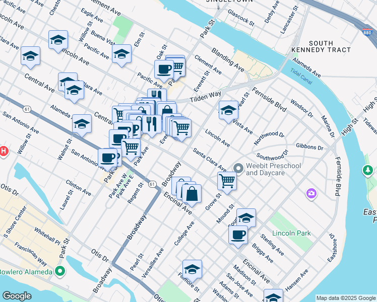 map of restaurants, bars, coffee shops, grocery stores, and more near 2617 Central Avenue in Alameda