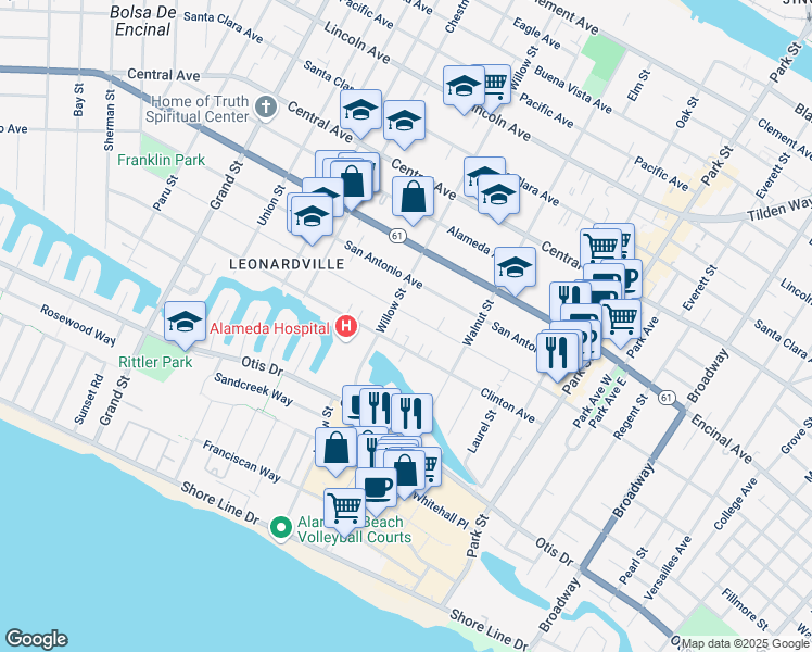 map of restaurants, bars, coffee shops, grocery stores, and more near 2133a Clinton Avenue in Alameda