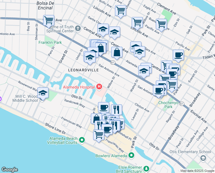 map of restaurants, bars, coffee shops, grocery stores, and more near 888 Willow Street in Alameda