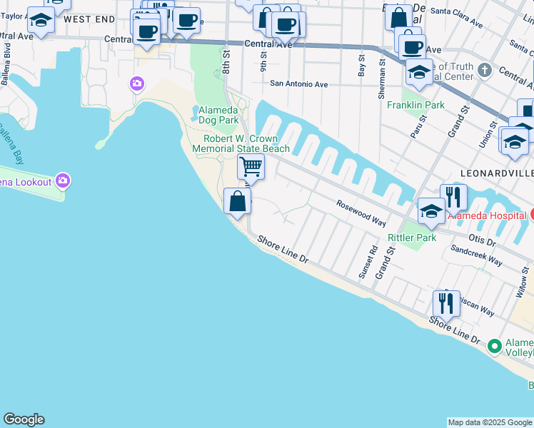 map of restaurants, bars, coffee shops, grocery stores, and more near 300 Westline Drive in Alameda