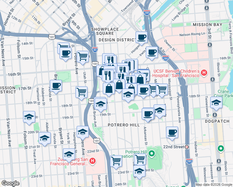 map of restaurants, bars, coffee shops, grocery stores, and more near 1912 18th Street in San Francisco
