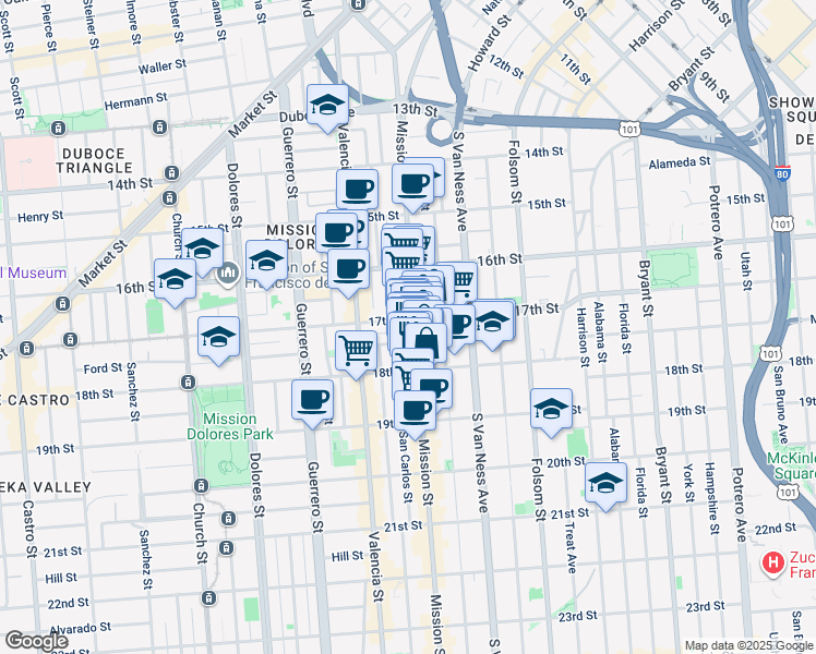 map of restaurants, bars, coffee shops, grocery stores, and more near 238 Capp Street in San Francisco