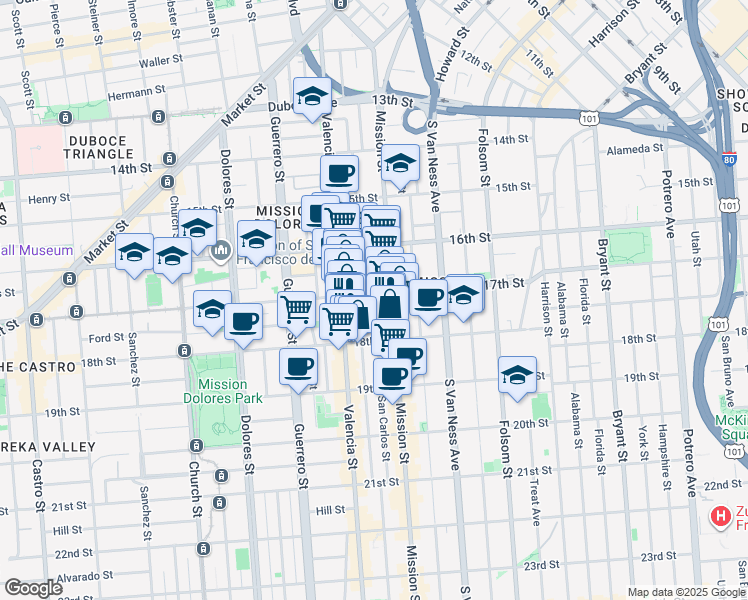 map of restaurants, bars, coffee shops, grocery stores, and more near 661 Valencia Street in San Francisco