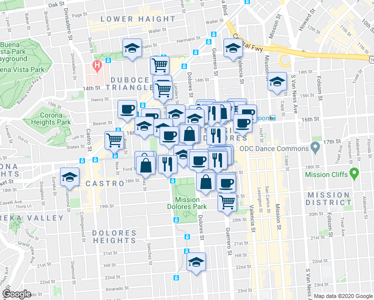 map of restaurants, bars, coffee shops, grocery stores, and more near 3639 17th Street in San Francisco