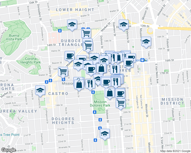 map of restaurants, bars, coffee shops, grocery stores, and more near 3639 17th Street in San Francisco