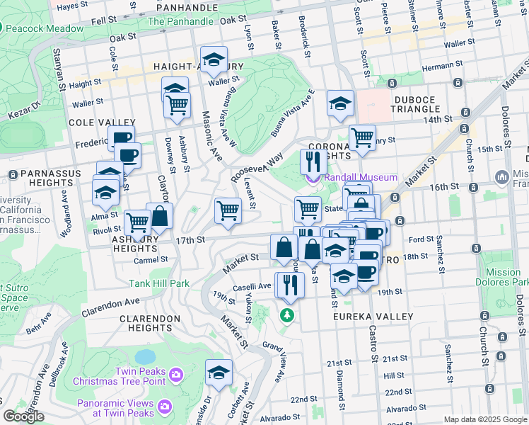 map of restaurants, bars, coffee shops, grocery stores, and more near 53 Saturn Street in San Francisco