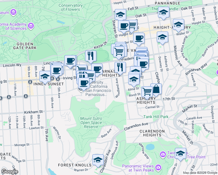 map of restaurants, bars, coffee shops, grocery stores, and more near 1515 Willard Street in San Francisco