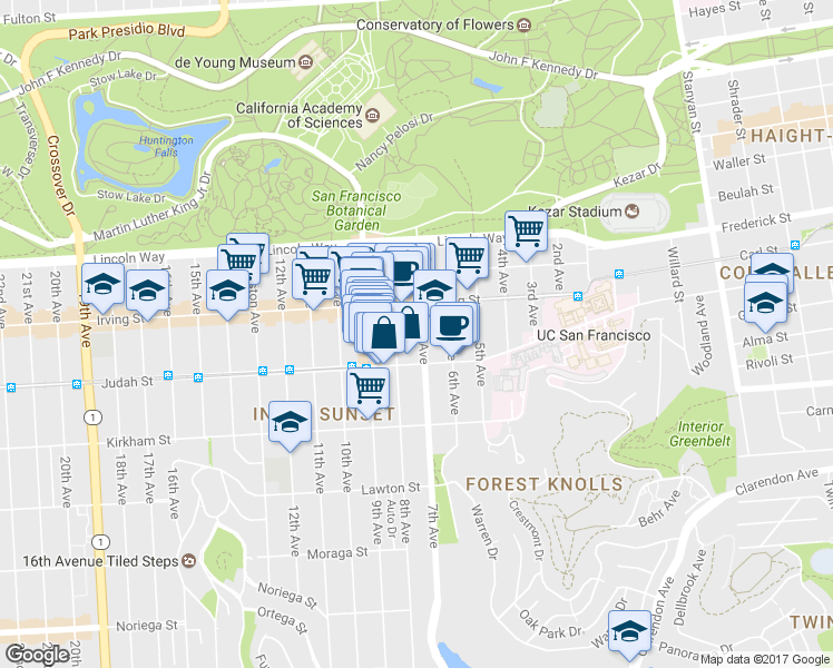 map of restaurants, bars, coffee shops, grocery stores, and more near 1353 7th Avenue in San Francisco