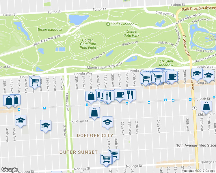 map of restaurants, bars, coffee shops, grocery stores, and more near 1325 31st Avenue in San Francisco