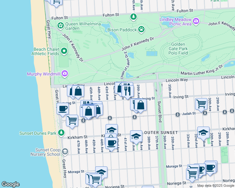 map of restaurants, bars, coffee shops, grocery stores, and more near 4100 Irving Street in San Francisco