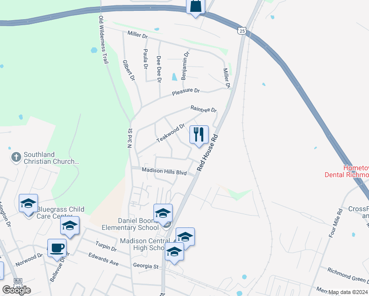 map of restaurants, bars, coffee shops, grocery stores, and more near 117 Maple Hill Drive in Richmond
