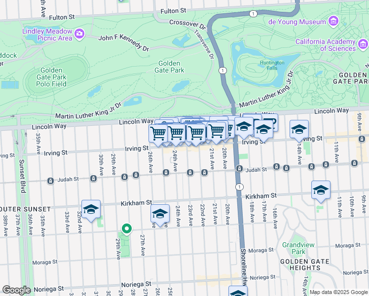 map of restaurants, bars, coffee shops, grocery stores, and more near 1346 23rd Avenue in San Francisco