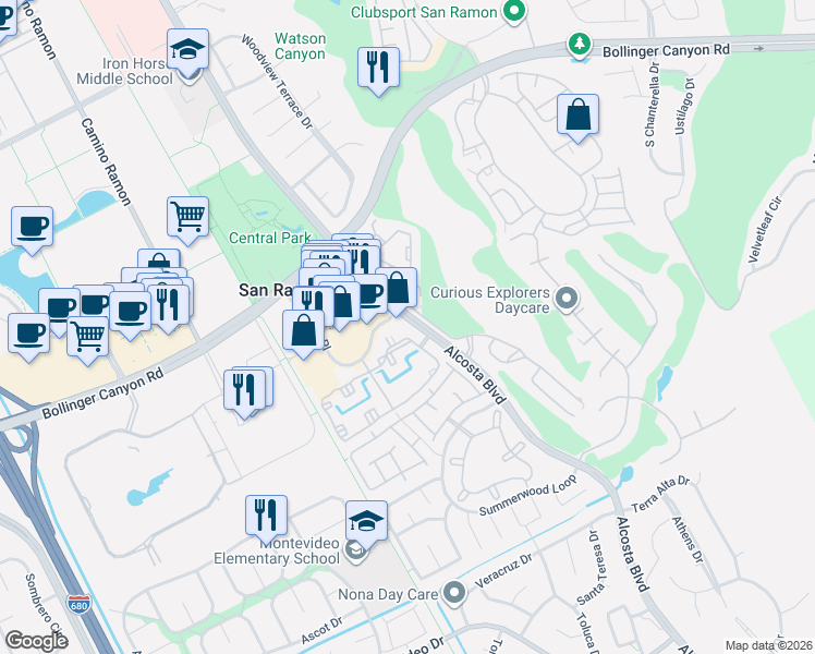map of restaurants, bars, coffee shops, grocery stores, and more near 135 Reflections Drive in San Ramon