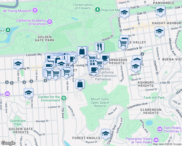 map of restaurants, bars, coffee shops, grocery stores, and more near 505 Parnassus Avenue in San Francisco