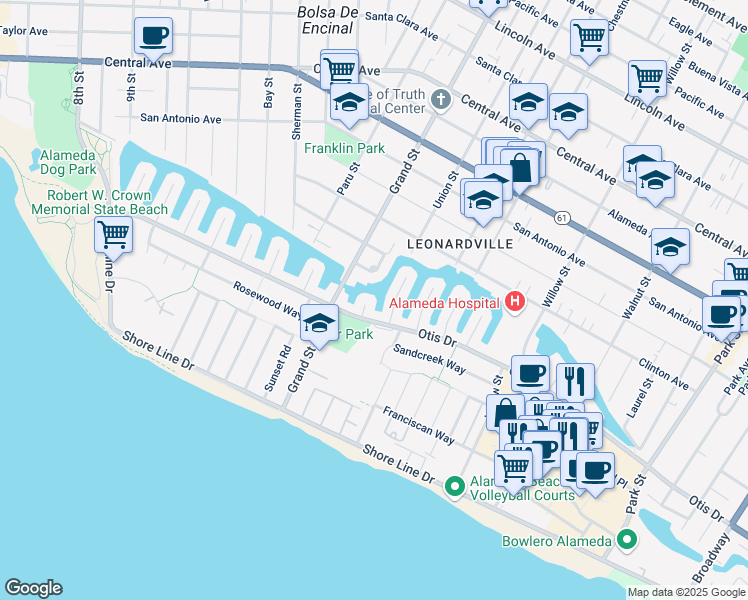 map of restaurants, bars, coffee shops, grocery stores, and more near 608 Fortress Isle in Alameda