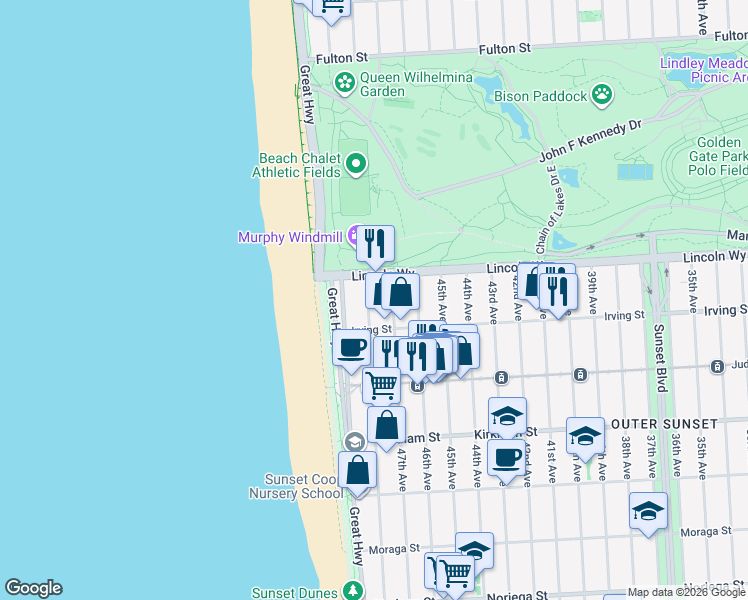 map of restaurants, bars, coffee shops, grocery stores, and more near 1250 48th Avenue in San Francisco