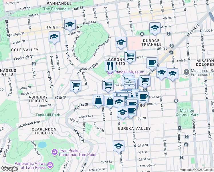 map of restaurants, bars, coffee shops, grocery stores, and more near 4170 17th Street in San Francisco