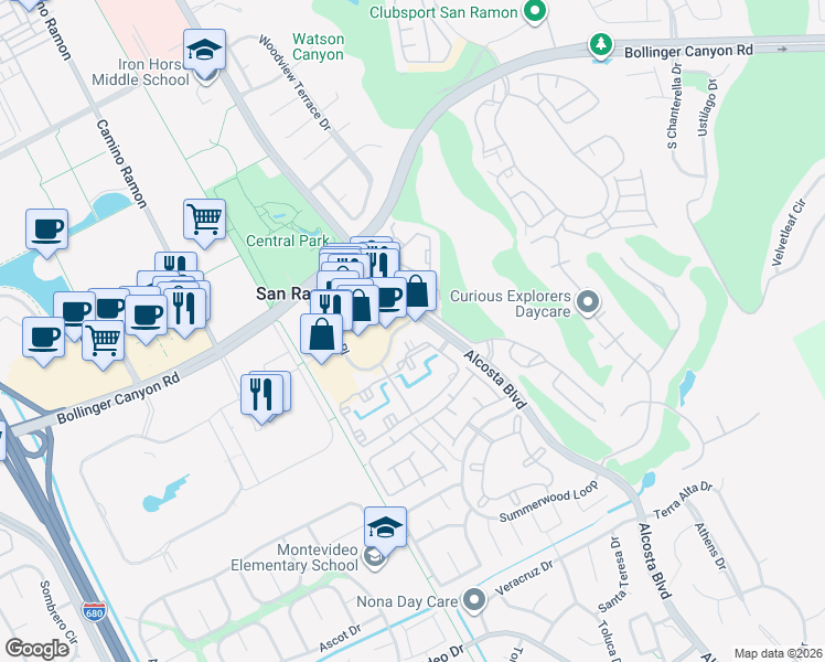 map of restaurants, bars, coffee shops, grocery stores, and more near 120 Reflections Drive in San Ramon