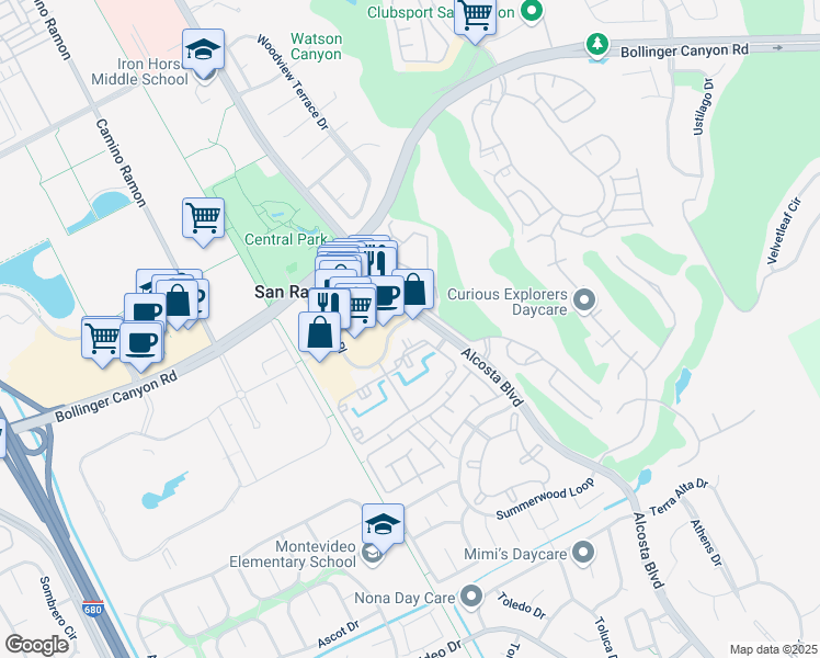 map of restaurants, bars, coffee shops, grocery stores, and more near 140 Reflections Drive in San Ramon