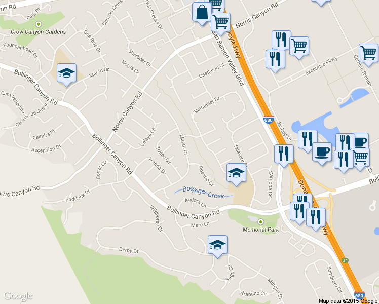 map of restaurants, bars, coffee shops, grocery stores, and more near 2563 Marsh Drive in San Ramon