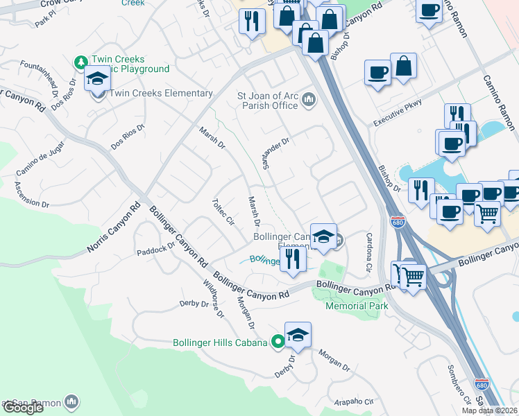 map of restaurants, bars, coffee shops, grocery stores, and more near 2563 Marsh Drive in San Ramon