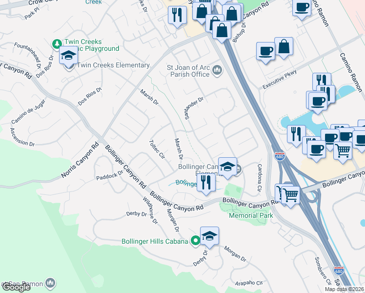 map of restaurants, bars, coffee shops, grocery stores, and more near 2563 Marsh Drive in San Ramon