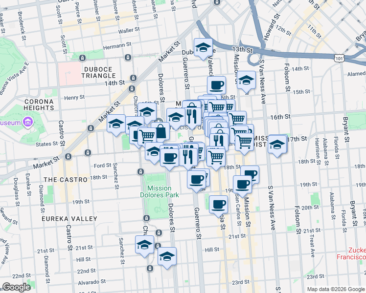 map of restaurants, bars, coffee shops, grocery stores, and more near 544 Guerrero Street in San Francisco