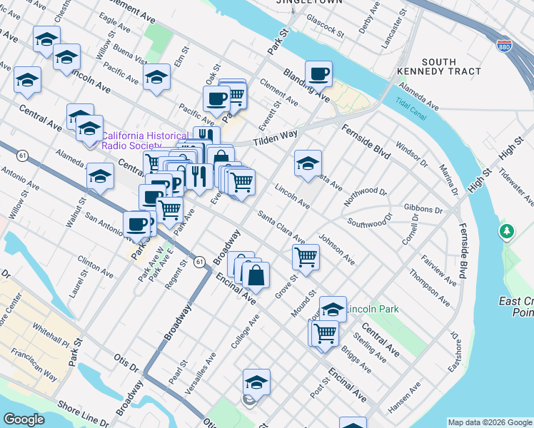 map of restaurants, bars, coffee shops, grocery stores, and more near 2617 Santa Clara Avenue in Alameda
