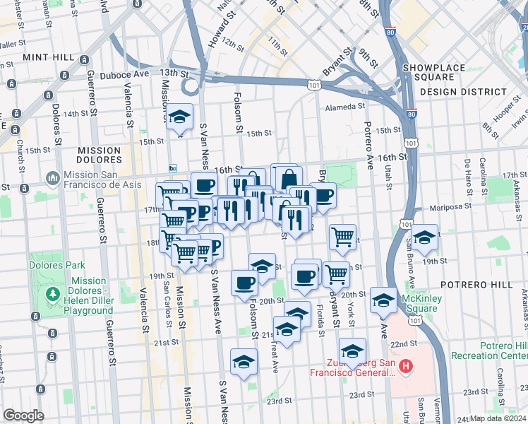 map of restaurants, bars, coffee shops, grocery stores, and more near 3118 18th Street in San Francisco