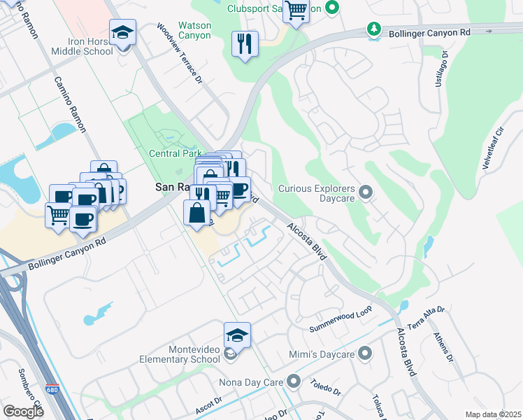 map of restaurants, bars, coffee shops, grocery stores, and more near 150 Reflections Drive in San Ramon