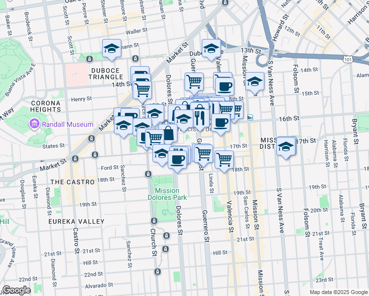 map of restaurants, bars, coffee shops, grocery stores, and more near 3564 17th Street in San Francisco