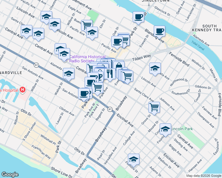 map of restaurants, bars, coffee shops, grocery stores, and more near 2428 Central Avenue in Alameda
