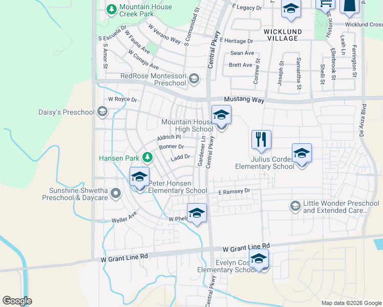 map of restaurants, bars, coffee shops, grocery stores, and more near 157 Bonner Drive in Tracy