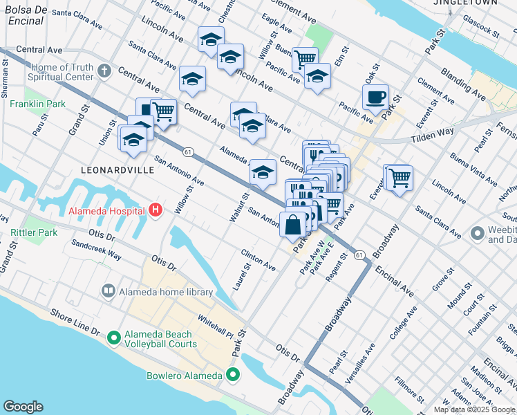map of restaurants, bars, coffee shops, grocery stores, and more near 2224 Alameda Avenue in Alameda