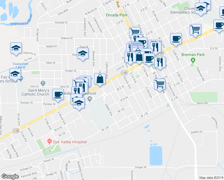 map of restaurants, bars, coffee shops, grocery stores, and more near 370 West G Street in Oakdale