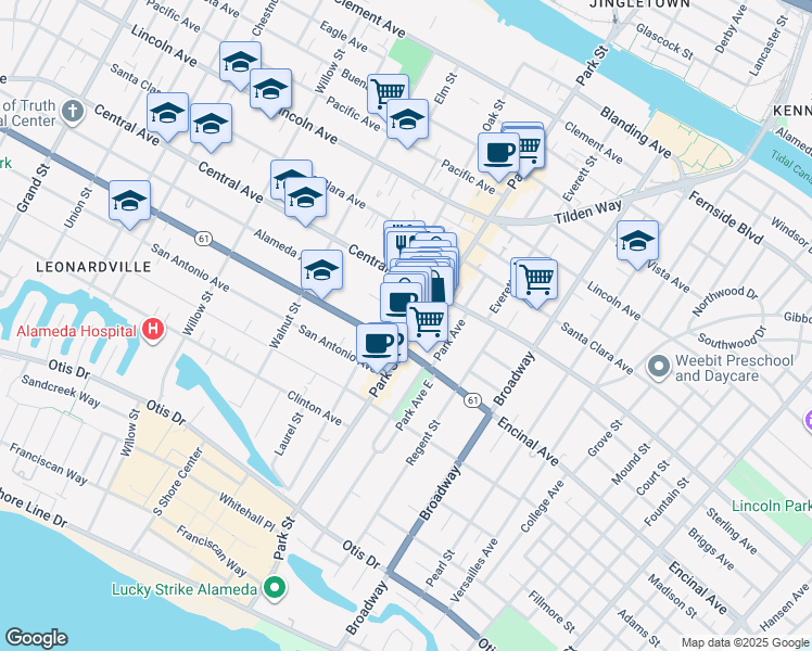 map of restaurants, bars, coffee shops, grocery stores, and more near 1321 Park Street in Alameda