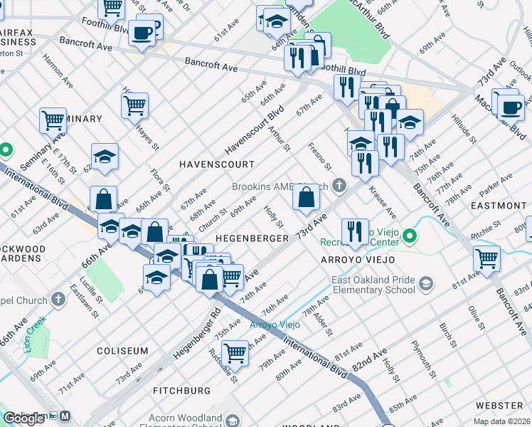 map of restaurants, bars, coffee shops, grocery stores, and more near 1925 70th Avenue in Oakland
