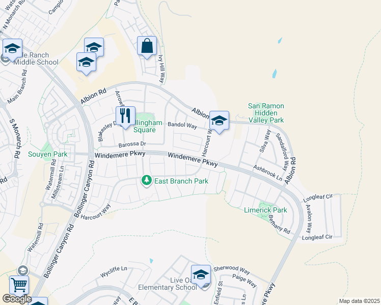map of restaurants, bars, coffee shops, grocery stores, and more near 2239 South Donovan Way in San Ramon