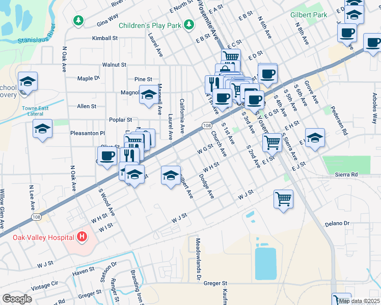 map of restaurants, bars, coffee shops, grocery stores, and more near 368 West G Street in Oakdale