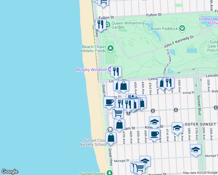 map of restaurants, bars, coffee shops, grocery stores, and more near 1230 La Playa Street in San Francisco