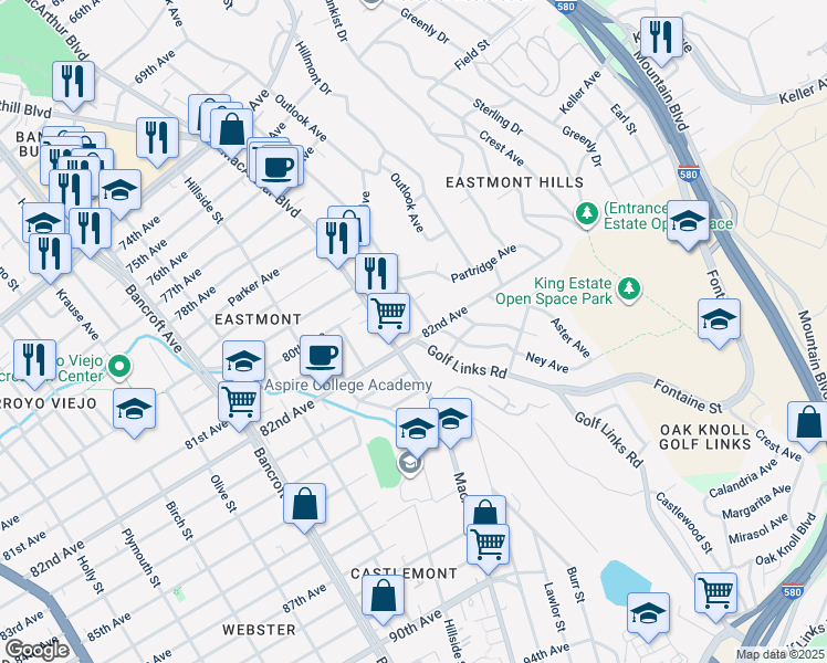 map of restaurants, bars, coffee shops, grocery stores, and more near 8039 Ney Avenue in Oakland